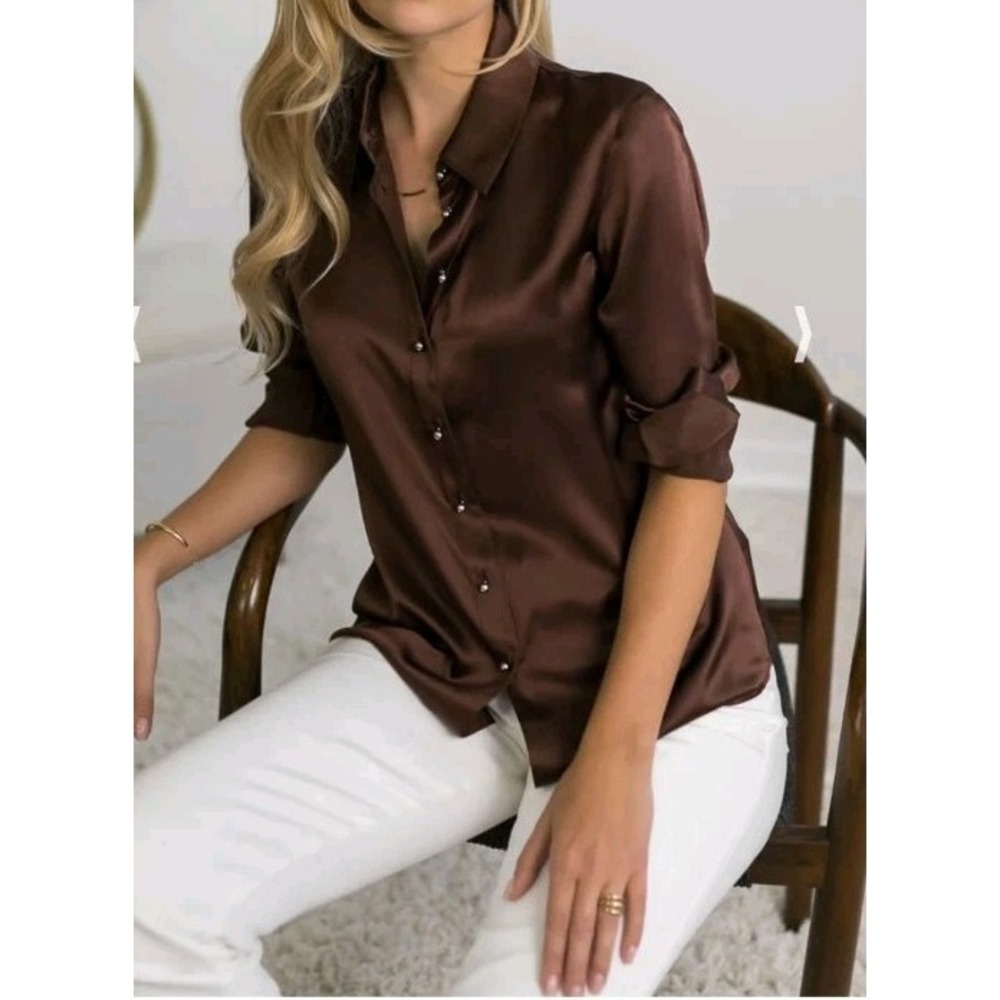 Ravella Milano 100% Percent Silk Blouse Chocolate Brown Size XL NWT Long Sleeve